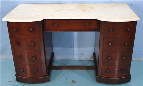 Mahogany Victorian marble top desk with side doors (1 of 3)