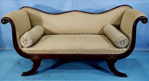 Federal style parlor love seat with scrolled arms: Federal style parlor love seat with scrolled arms and gold upholstery, 32 in. T, 66 in. L, 20 in. D.