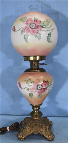 Gone with the wind lamp with floral shade, 25 in. T.: Gone with the wind lamp with pink and white floral shade, 25 in. T.