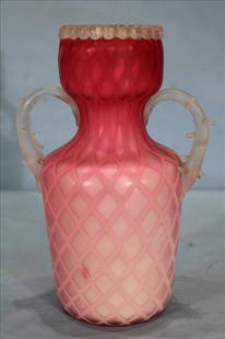 Art glass pink vase with thorn handle, hand blown: Pink satin art case glass vase with thorn handles, 9 in. T, 7 in. W.