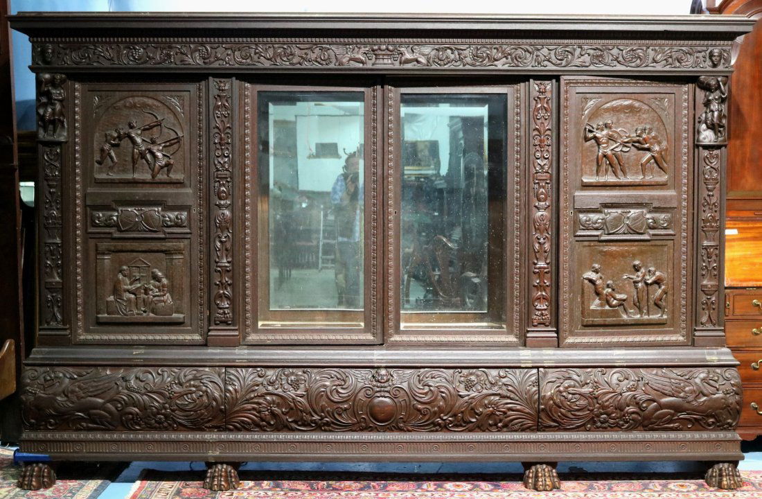 Large mahogany bookcase with carved figures (1 of 7)