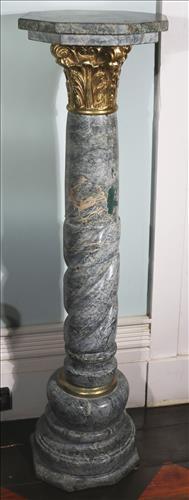 Very tall unusual marble pedestal with octagon top: Very tall unusual marble pedestal with octagon top, gold cap and accents, 49 in. T, 14 in. octagon top