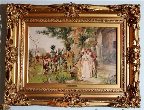 Oil on canvas of a courting scene in gold frame, 32 x 41: Oil on canvas of a courting scene in gold frame by G. Duval, titled, Favorable Opportunity, 32 x 41
