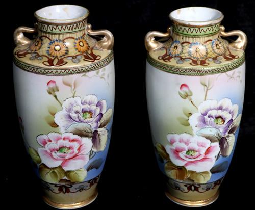 Pair of Nippon vases with double handles, 10.5 in. T. (1 of 4)