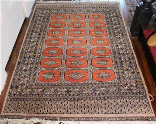 Hand painted Persian rug with coral and tan, 6 ft. x 4 ft.: Hand painted Persian rug with coral and tan, 6 ft. x 4 ft.