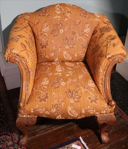 Large Chippendale arm chair with new upholstery: Large Chippendale arm chair with new upholstery, 36 in. T, 34 in. W, 20 in. D.
