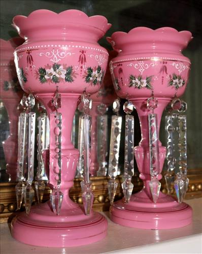 Pair of pink mantle lusters with hand painted flowers: Pair of pink mantle lusters with hand painted flowers and 8 in. prisms, 15 in. T.
