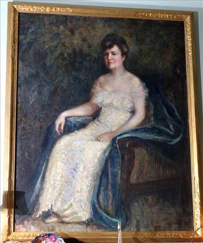 Oil on canvas of lady sitting in chair with blue wrap: Oil on canvas of lady sitting in chair with blue wrap, signed Dodd Ramberg, 68 in. T, 54 in. W.