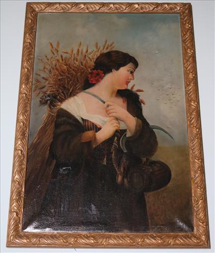 Old oil on canvas of lady with wheat on her back: Old oil on canvas of lady with wheat on her back