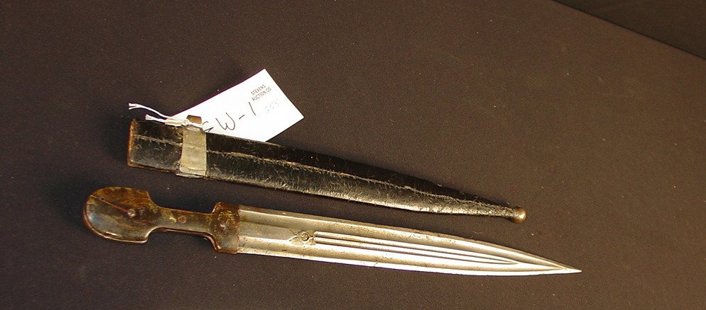 Kindjal with leather Scabbard carried in the Cauca: Kindjal with leather Scabbard carried in the Caucasus Region, double edge spear point, 21 in. overall
