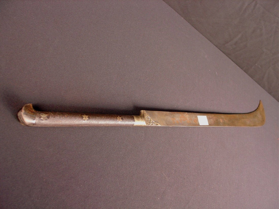 Indian Knife with checkered wood handle and three : Indian Knife with checkered wood handle and three star escutcheons, 34 in. overall