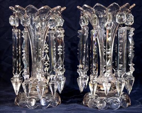 Pair of cut glass lusters with long 8 in. prisms, 10 in. T. (1 of 2)