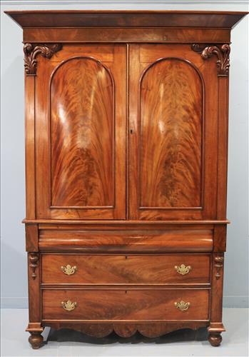 Large English mahogany linen press in great condition: Large English mahogany linen press in great condition with original slides, 7 ft. 3 in. T, 5 ft. W, 21 in. D.