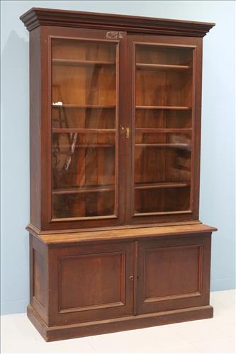 Walnut 2 piece bookcase or gun case: Walnut 2 piece bookcase, can be used for gun case, with drawers and fitted interior, 7 x 42 x 21
