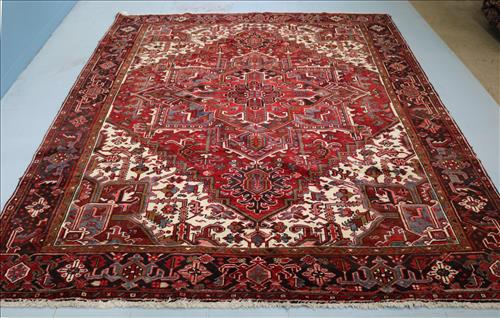 Antique Heriz rug, red, beige, blue and coral: Antique Heriz rug, red, beige, blue and coral, 9 ft. 9 in. x 8 ft. 9 in .
