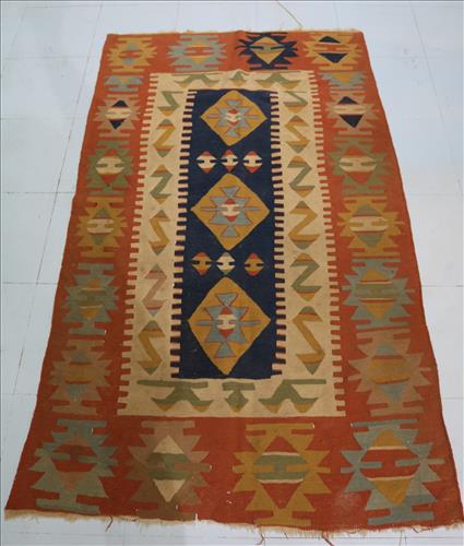 Antique Turkish rug, brown and blue: Antique Turkish rug, brown and blue, 3 ft. 2 in. x 5 ft. 4 in.