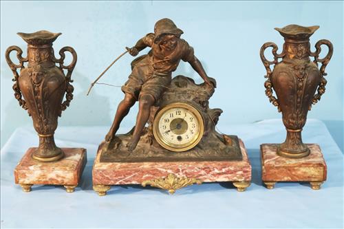 French 3 piece set, clock with fishing boy and 2 urns (1 of 5)