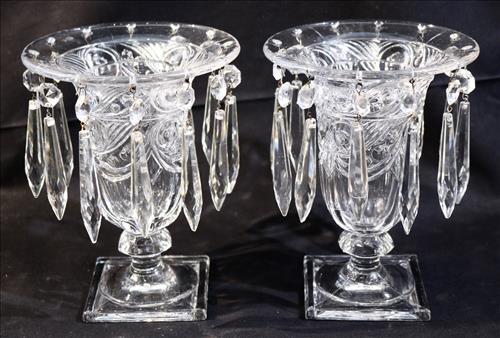 Pair of crystal lusters with prisms, 7 in. T.: Pair of crystal lusters with prisms, 7 in. T.