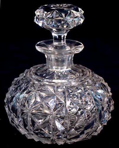 Brilliant cut glass dresser bottle with original stopper: Brilliant cut glass dresser bottle with original stopper, 6 in. T.