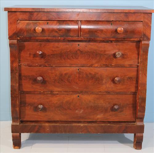 Mahogany 5 drawer chest: Mahogany 5 drawer chest, 46 in. T, 46 in. W, 19.5 in. D.