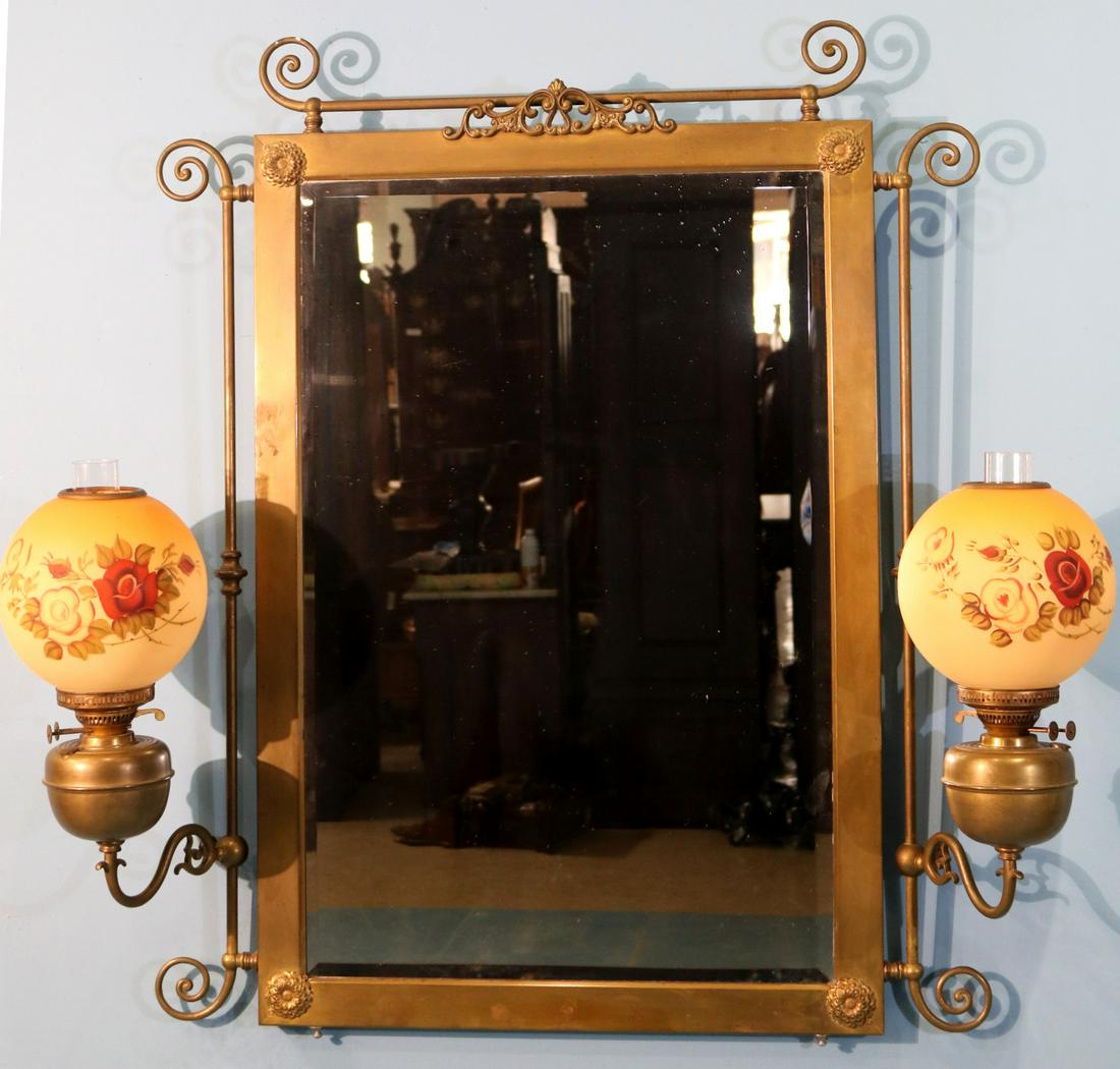 Brass Victorian hanging mirror with 2 oil lamps, still oil (1 of 5)