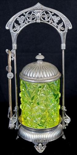 Victorian silver-plate pickle castor with green jar (1 of 4)