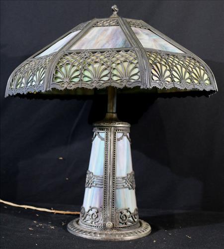 Art deco slag glass panel lamp with blue glass: Art deco slag glass panel lamp with blue glass, 22 in. T, 19 in. D.