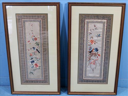 2 silk embroideries with birds, flowers and butterflies: 2 silk embroideries with birds, flowers and butterflies, 33.5 in. T, 18.4 in. W.