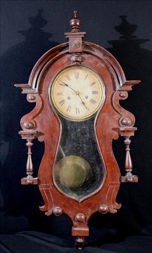 Walnut Victorian wall clock with pendulum and key (1 of 3)