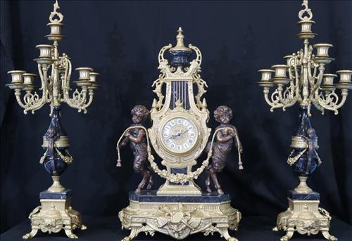 3 piece French clock set, brass and marble (1 of 4)