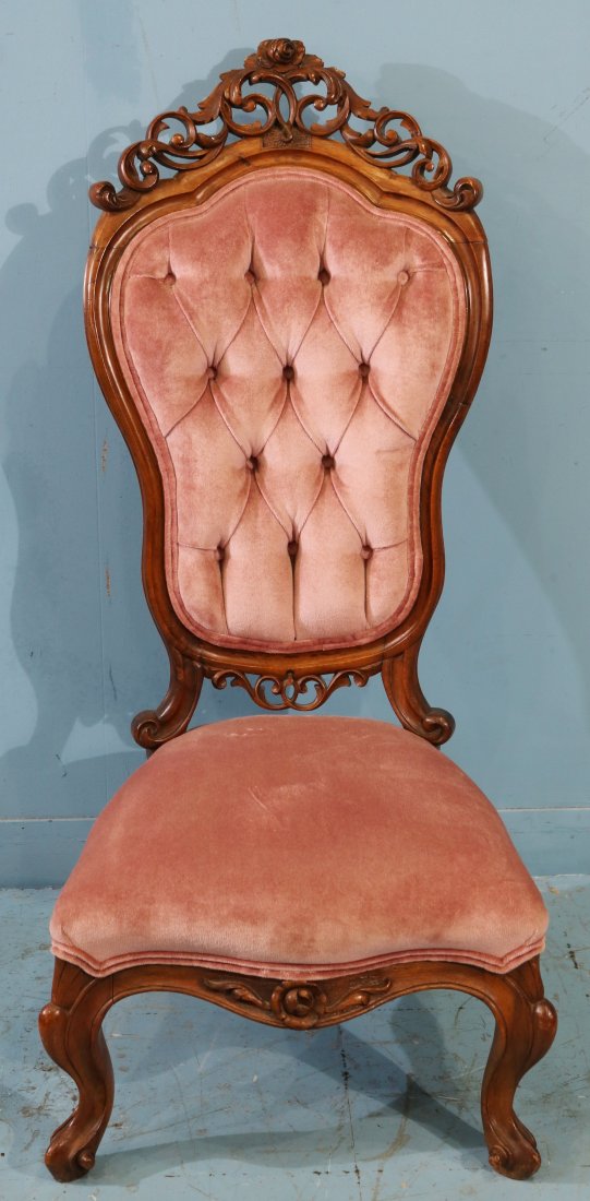 Walnut Victorian high back slipper chair with carved crown (1 of 3)