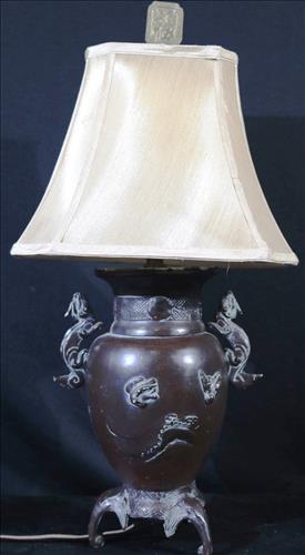 Bronze lamp with dragons and birds, 22 in. T.: Bronze lamp with dragons and birds, 22 in. T.