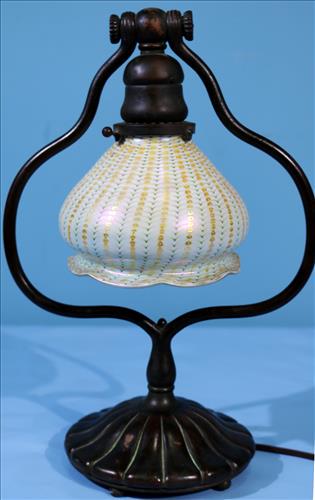 Small bronze desk lamp with Tiffany art glass shade (1 of 7)