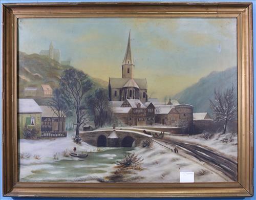 Large 19th Century oil on canvas of snowy village (1 of 5)