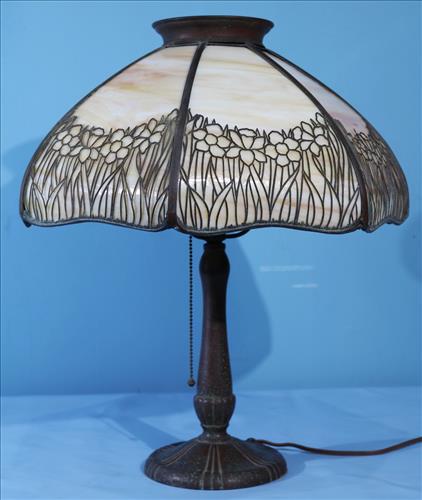 Signed early bronze Handel lamp with slag glass shade (1 of 5)