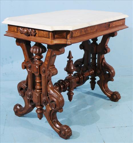 Walnut Victorian console table with white marble top (1 of 6)
