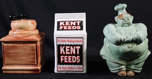 3 cookie jars, coffee grinder, Kent dog food, baker (1 of 4)