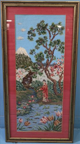 Oriental needlepoint, 36 in. T, 18 in. W.: Oriental needlepoint, 36 in. T, 18 in. W.