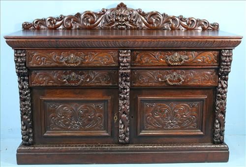 Solid oak heavily carved silver server, Man on the Mountain pattern, attrib. to R.J. Horner (1 of 9)