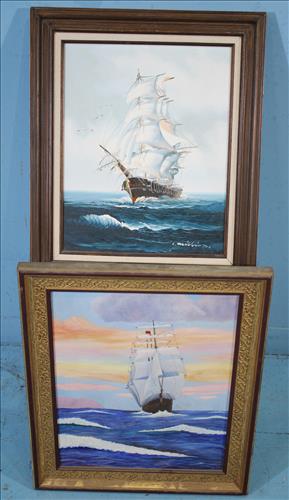 2 oil on canvas paintings of sail boats, 26 x 22: 2 oil on canvas paintings of sail boats, 26 x 22