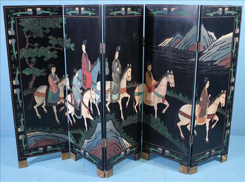 Oriental folding 5 panel screen with horse and riders (1 of 5)
