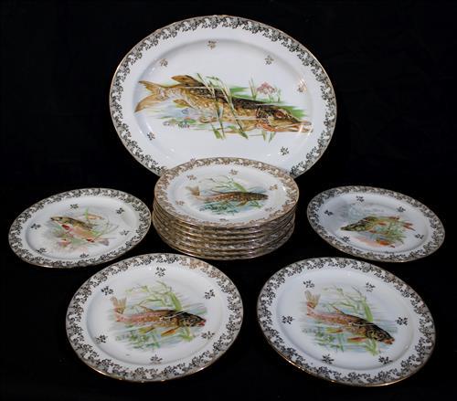 12 piece Victorian Limoges fish set with gold trim (1 of 3)