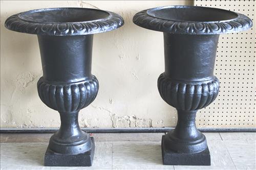 Tall gray cast iron urns, 29 in. T, 22 in. Dia.: Tall gray cast iron urns, 29 in. T, 22 in. Dia.