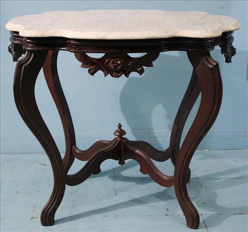 Walnut marble top parlor table with carved roses (1 of 3)