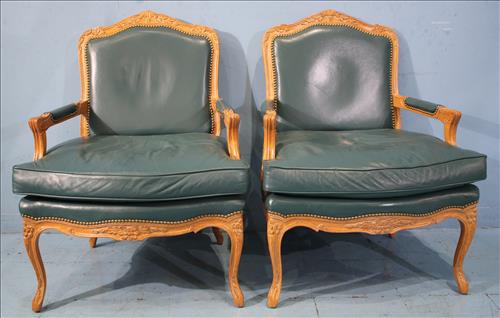 Pair of French salon arm chairs with teal upholstery: Pair of French salon arm chairs with teal green upholstery, 38 in. T, 30 in. W, 20 in. D.