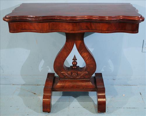 Mahogany game table with lyre base and scroll feet (1 of 4)