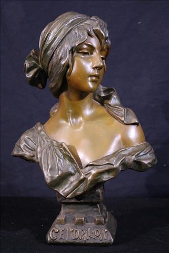 Art Nouveau finished bronze bust of lady, 16 in. T. (1 of 6)
