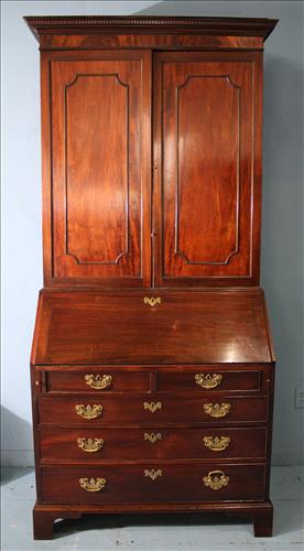 Mahogany Sheraton 2 piece secretary desk: Mahogany Sheraton 2 piece blind door secretary desk with bracket feet and original pulls, 7 ft.2 in. T, 39 in. W, 21 in. D.
