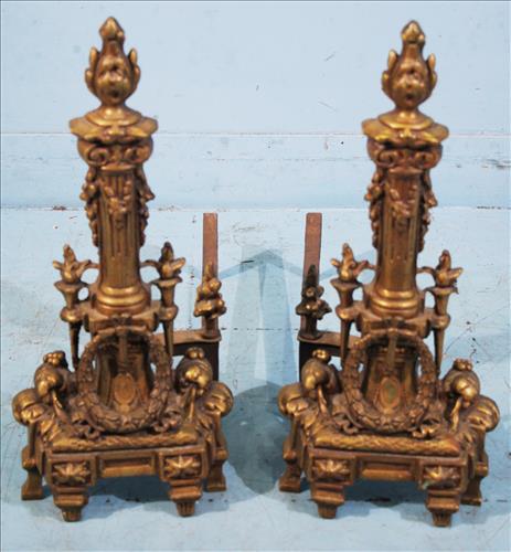 Bronze Victorian chenets, 18 in. T, 18 in. D, 8 in. W.: Bronze Victorian chenets, 18 in. T, 18 in. D, 8 in. W.