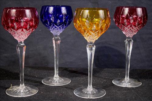 Set of 4 Iris crystal wine glasses, 8.4 in. T.: Set of 4 Iris crystal wine glasses, red, amber and blue in good condition, 8.4 in. T.